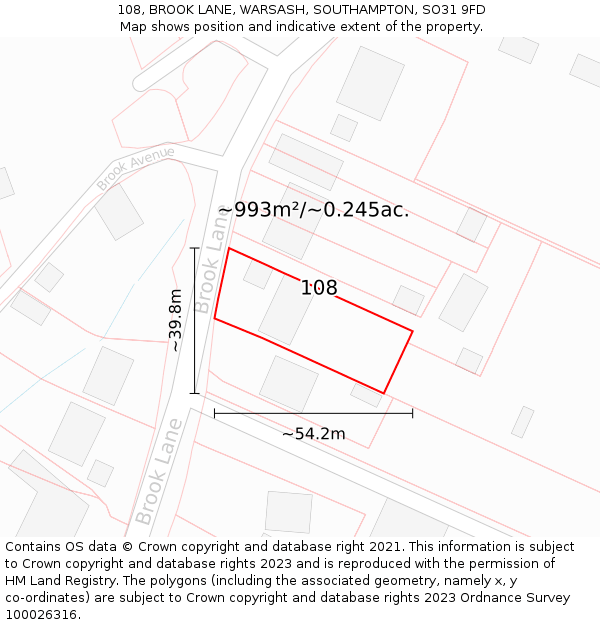 108, BROOK LANE, WARSASH, SOUTHAMPTON, SO31 9FD: Plot and title map