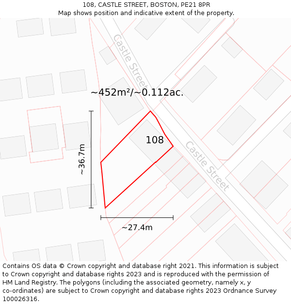 108, CASTLE STREET, BOSTON, PE21 8PR: Plot and title map