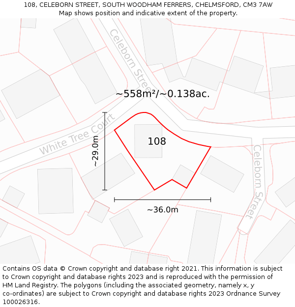 108, CELEBORN STREET, SOUTH WOODHAM FERRERS, CHELMSFORD, CM3 7AW: Plot and title map