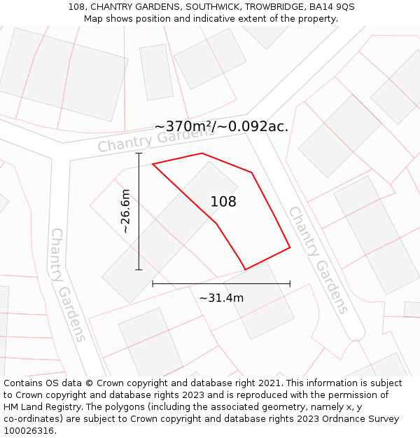 108, CHANTRY GARDENS, SOUTHWICK, TROWBRIDGE, BA14 9QS: Plot and title map