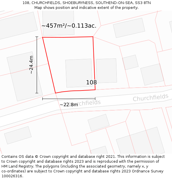 108, CHURCHFIELDS, SHOEBURYNESS, SOUTHEND-ON-SEA, SS3 8TN: Plot and title map