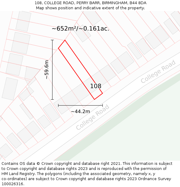 108, COLLEGE ROAD, PERRY BARR, BIRMINGHAM, B44 8DA: Plot and title map