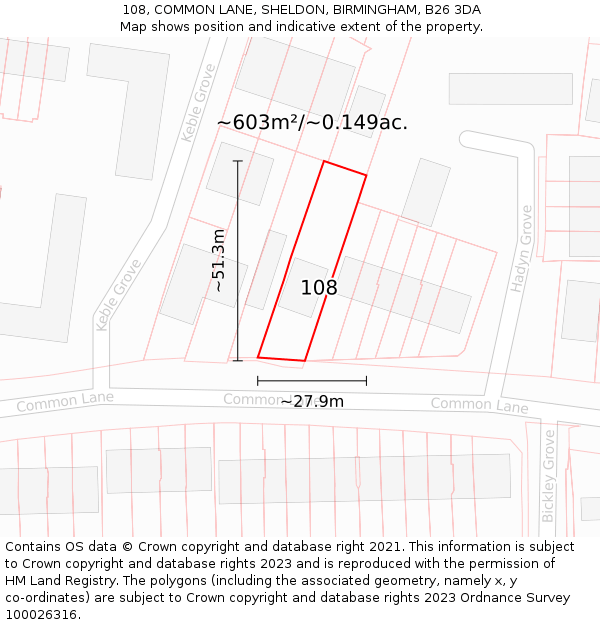 108, COMMON LANE, SHELDON, BIRMINGHAM, B26 3DA: Plot and title map