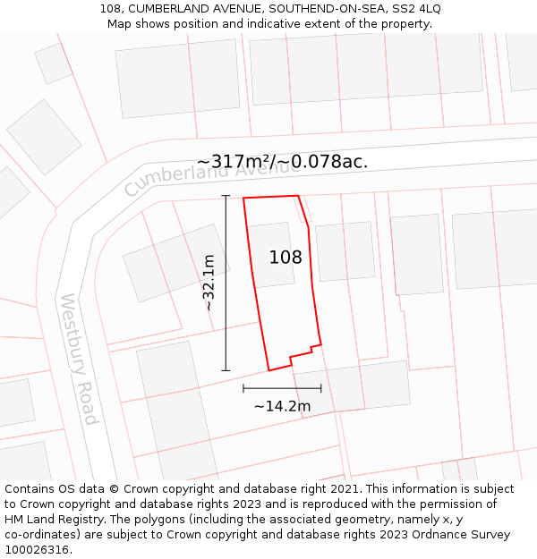 108, CUMBERLAND AVENUE, SOUTHEND-ON-SEA, SS2 4LQ: Plot and title map