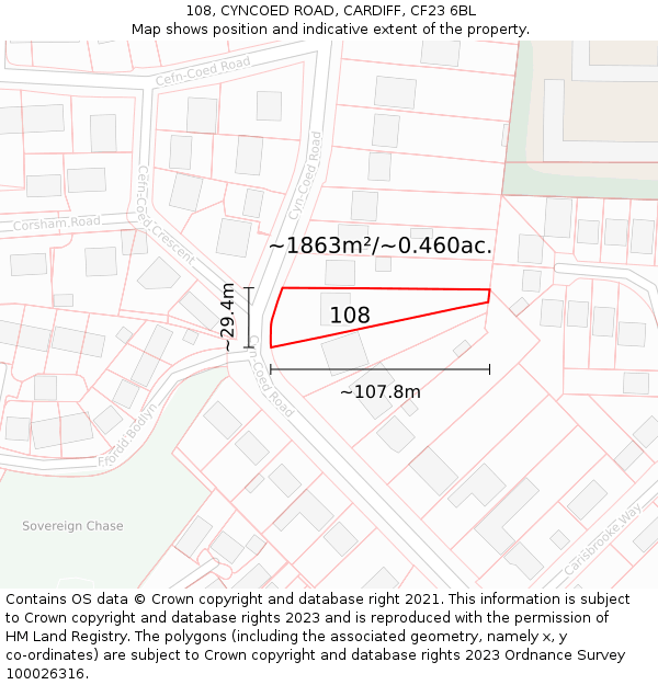 108, CYNCOED ROAD, CARDIFF, CF23 6BL: Plot and title map