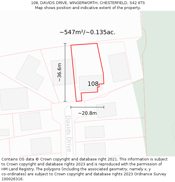 108, DAVIDS DRIVE, WINGERWORTH, CHESTERFIELD, S42 6TS: Plot and title map