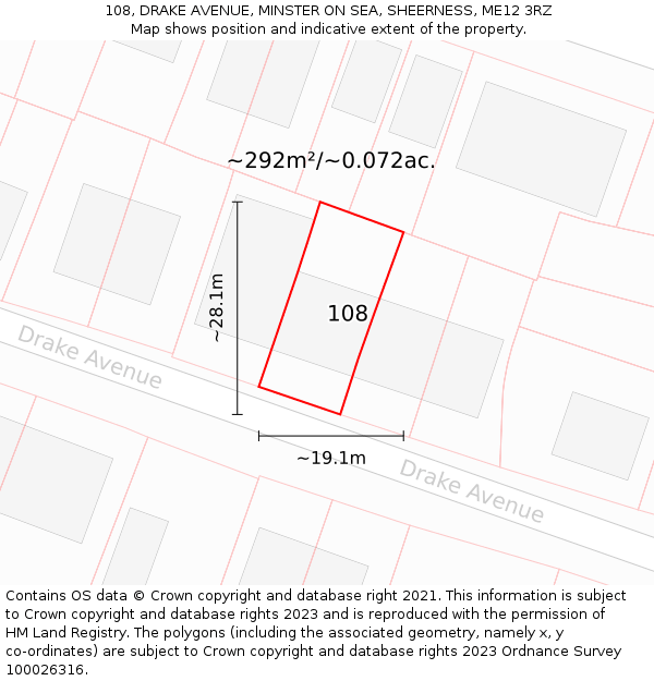 108, DRAKE AVENUE, MINSTER ON SEA, SHEERNESS, ME12 3RZ: Plot and title map
