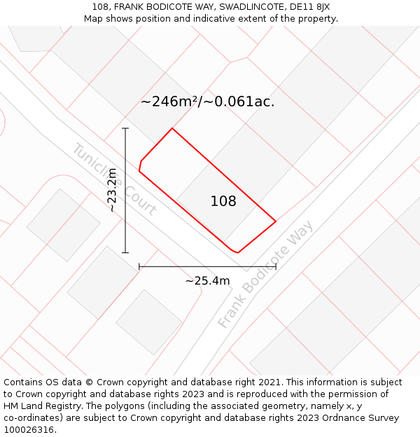 108, FRANK BODICOTE WAY, SWADLINCOTE, DE11 8JX: Plot and title map