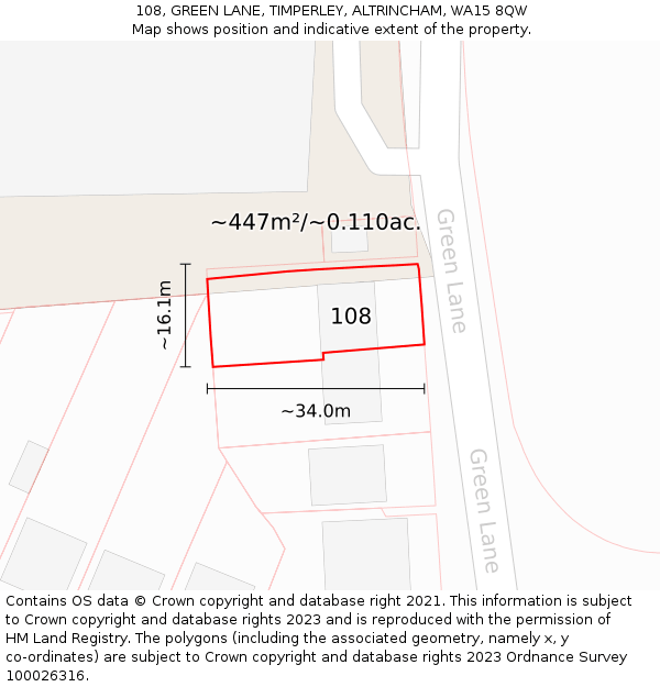 108, GREEN LANE, TIMPERLEY, ALTRINCHAM, WA15 8QW: Plot and title map