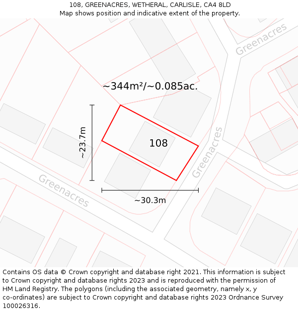 108, GREENACRES, WETHERAL, CARLISLE, CA4 8LD: Plot and title map