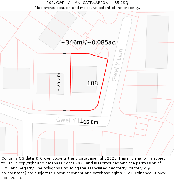 108, GWEL Y LLAN, CAERNARFON, LL55 2SQ: Plot and title map