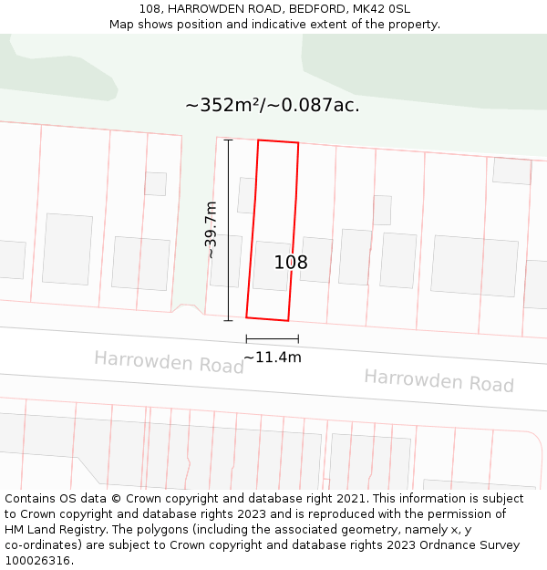 108, HARROWDEN ROAD, BEDFORD, MK42 0SL: Plot and title map