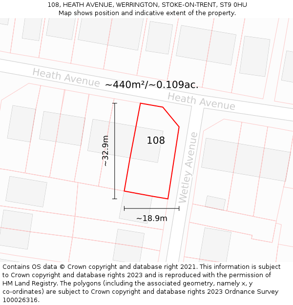 108, HEATH AVENUE, WERRINGTON, STOKE-ON-TRENT, ST9 0HU: Plot and title map
