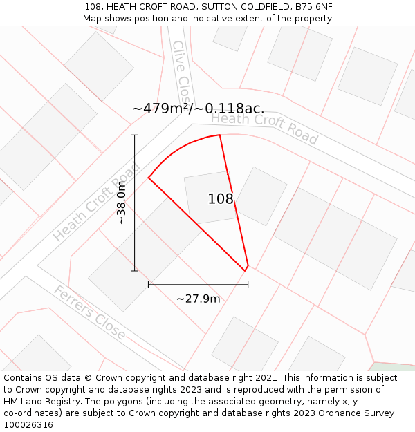 108, HEATH CROFT ROAD, SUTTON COLDFIELD, B75 6NF: Plot and title map