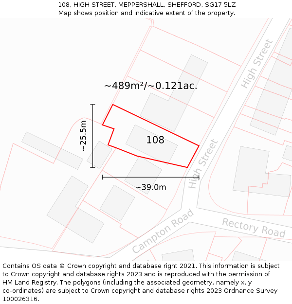 108, HIGH STREET, MEPPERSHALL, SHEFFORD, SG17 5LZ: Plot and title map