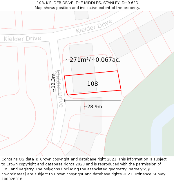108, KIELDER DRIVE, THE MIDDLES, STANLEY, DH9 6FD: Plot and title map
