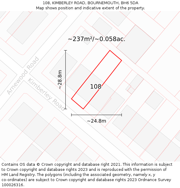 108, KIMBERLEY ROAD, BOURNEMOUTH, BH6 5DA: Plot and title map