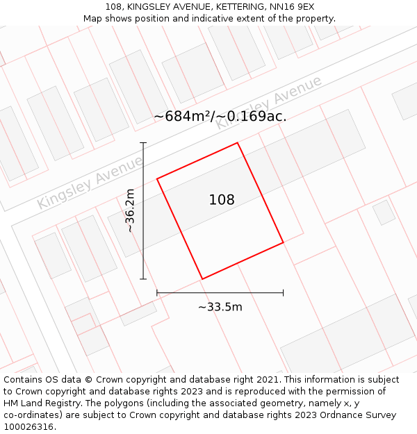 108, KINGSLEY AVENUE, KETTERING, NN16 9EX: Plot and title map