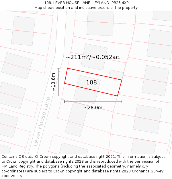 108, LEVER HOUSE LANE, LEYLAND, PR25 4XP: Plot and title map