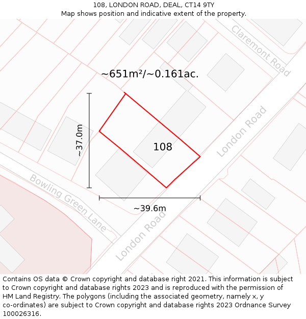 108, LONDON ROAD, DEAL, CT14 9TY: Plot and title map