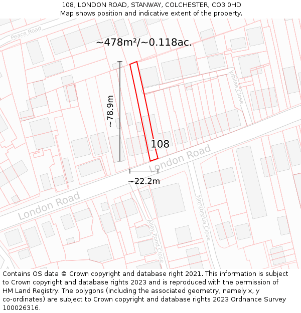 108, LONDON ROAD, STANWAY, COLCHESTER, CO3 0HD: Plot and title map