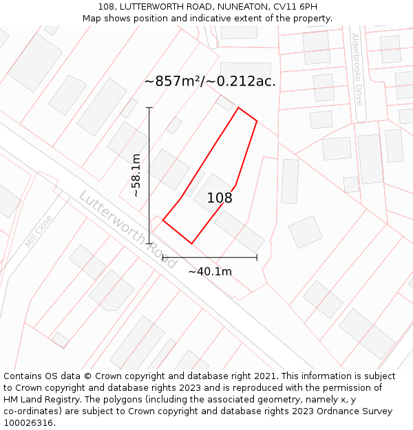 108, LUTTERWORTH ROAD, NUNEATON, CV11 6PH: Plot and title map