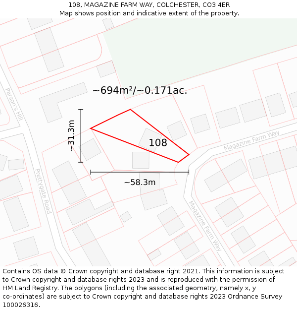 108, MAGAZINE FARM WAY, COLCHESTER, CO3 4ER: Plot and title map