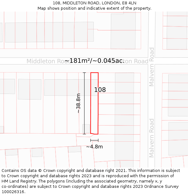 108, MIDDLETON ROAD, LONDON, E8 4LN: Plot and title map