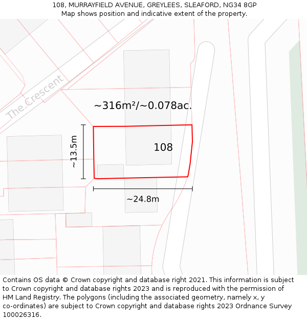 108, MURRAYFIELD AVENUE, GREYLEES, SLEAFORD, NG34 8GP: Plot and title map
