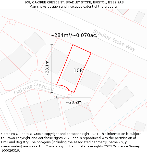 108, OAKTREE CRESCENT, BRADLEY STOKE, BRISTOL, BS32 9AB: Plot and title map
