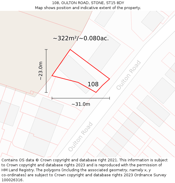 108, OULTON ROAD, STONE, ST15 8DY: Plot and title map