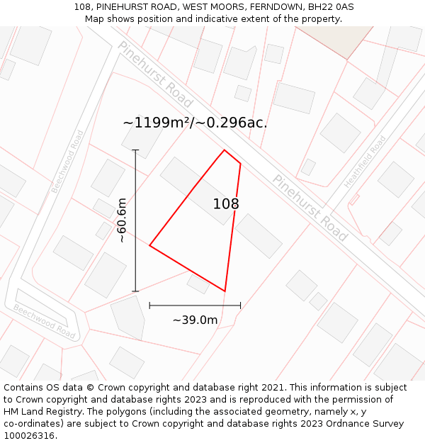 108, PINEHURST ROAD, WEST MOORS, FERNDOWN, BH22 0AS: Plot and title map
