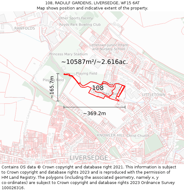 108, RADULF GARDENS, LIVERSEDGE, WF15 6AT: Plot and title map