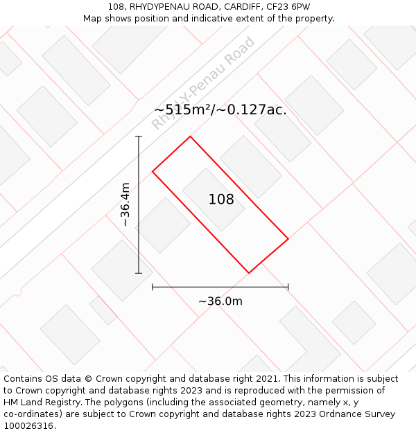 108, RHYDYPENAU ROAD, CARDIFF, CF23 6PW: Plot and title map