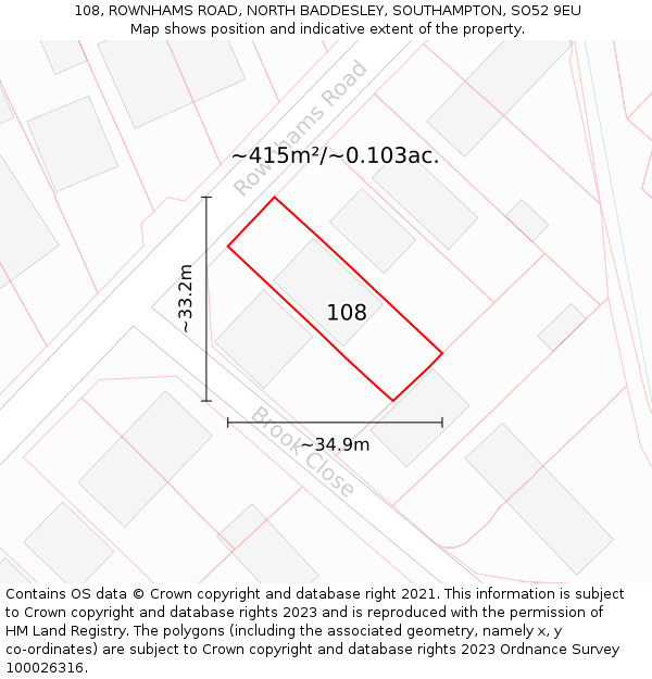 108, ROWNHAMS ROAD, NORTH BADDESLEY, SOUTHAMPTON, SO52 9EU: Plot and title map