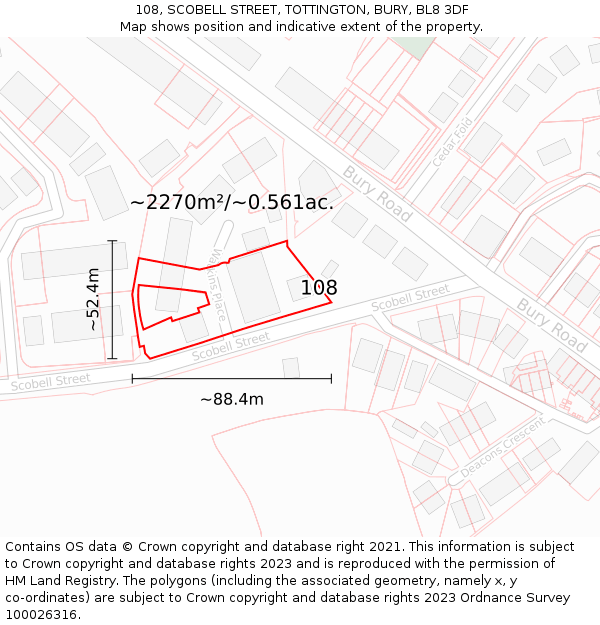 108, SCOBELL STREET, TOTTINGTON, BURY, BL8 3DF: Plot and title map