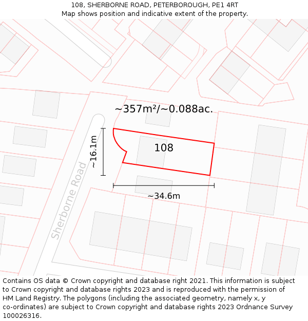 108, SHERBORNE ROAD, PETERBOROUGH, PE1 4RT: Plot and title map