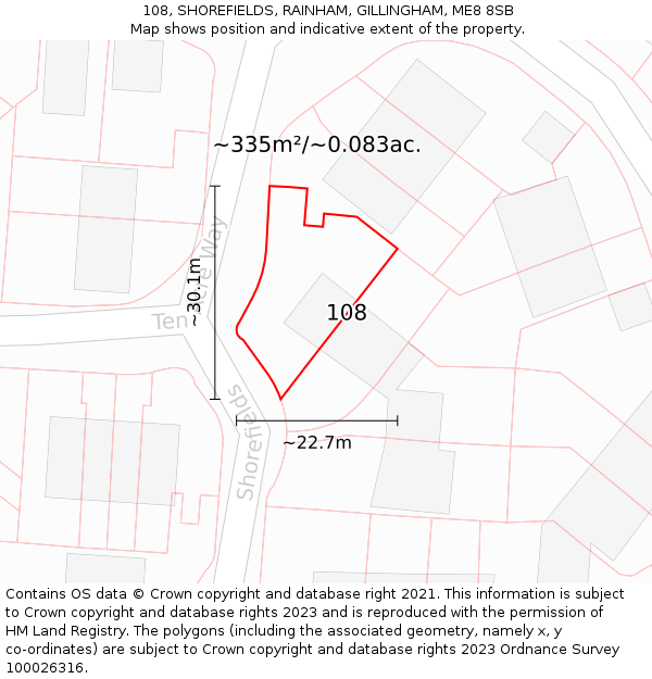 108, SHOREFIELDS, RAINHAM, GILLINGHAM, ME8 8SB: Plot and title map