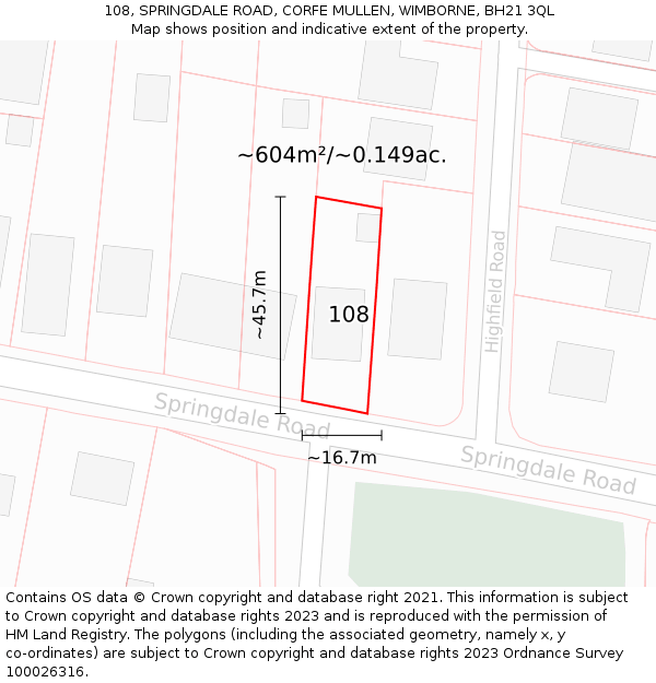 108, SPRINGDALE ROAD, CORFE MULLEN, WIMBORNE, BH21 3QL: Plot and title map