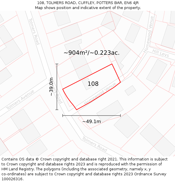 108, TOLMERS ROAD, CUFFLEY, POTTERS BAR, EN6 4JR: Plot and title map