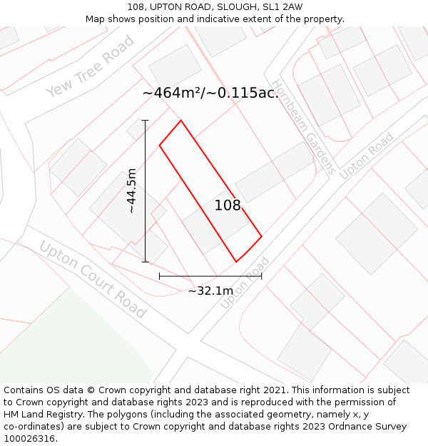 108, UPTON ROAD, SLOUGH, SL1 2AW: Plot and title map