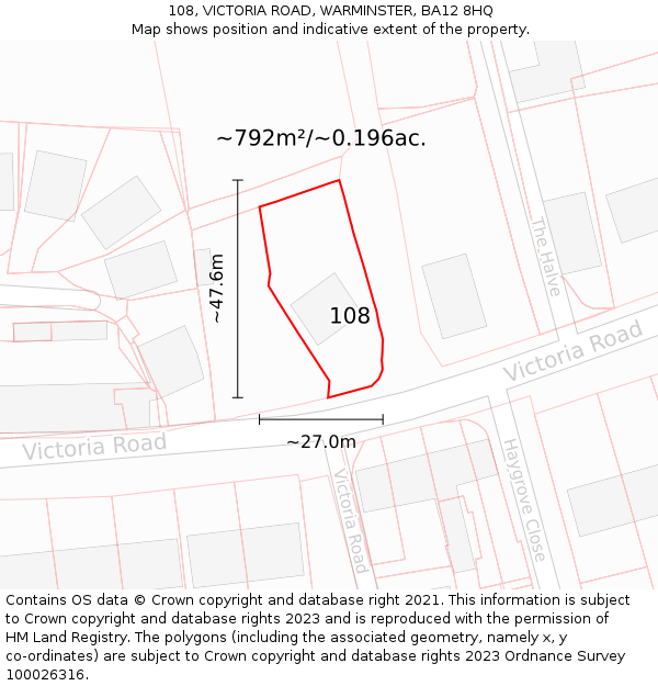 108, VICTORIA ROAD, WARMINSTER, BA12 8HQ: Plot and title map