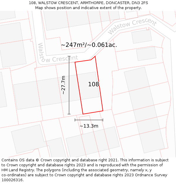 108, WALSTOW CRESCENT, ARMTHORPE, DONCASTER, DN3 2FS: Plot and title map