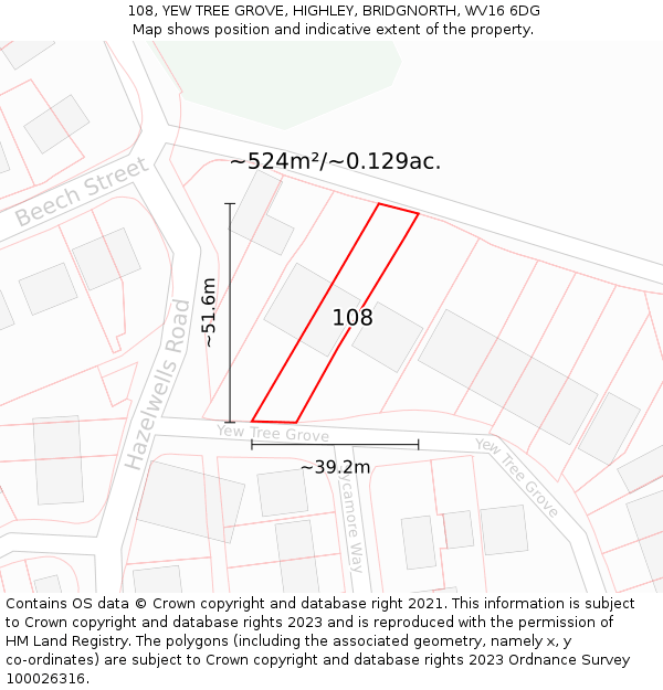 108, YEW TREE GROVE, HIGHLEY, BRIDGNORTH, WV16 6DG: Plot and title map