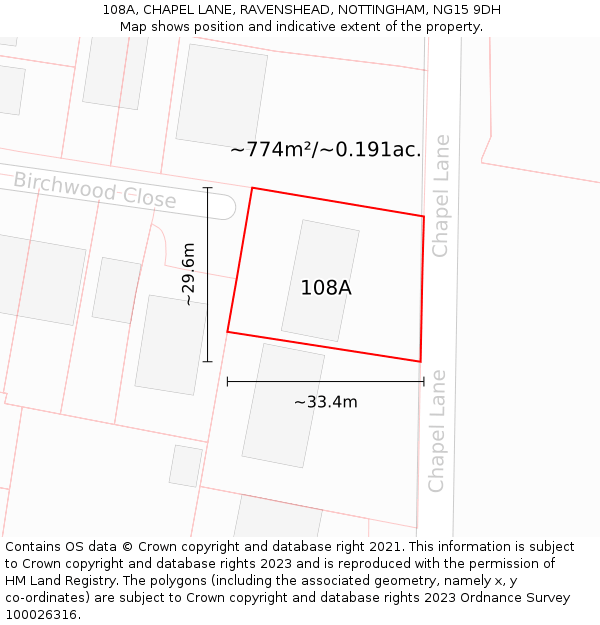 108A, CHAPEL LANE, RAVENSHEAD, NOTTINGHAM, NG15 9DH: Plot and title map