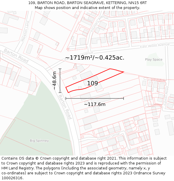 109, BARTON ROAD, BARTON SEAGRAVE, KETTERING, NN15 6RT: Plot and title map