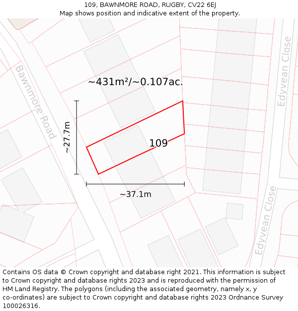 109, BAWNMORE ROAD, RUGBY, CV22 6EJ: Plot and title map