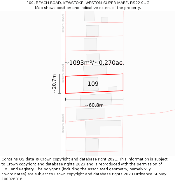 109, BEACH ROAD, KEWSTOKE, WESTON-SUPER-MARE, BS22 9UG: Plot and title map