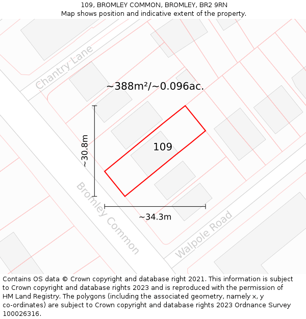 109, BROMLEY COMMON, BROMLEY, BR2 9RN: Plot and title map