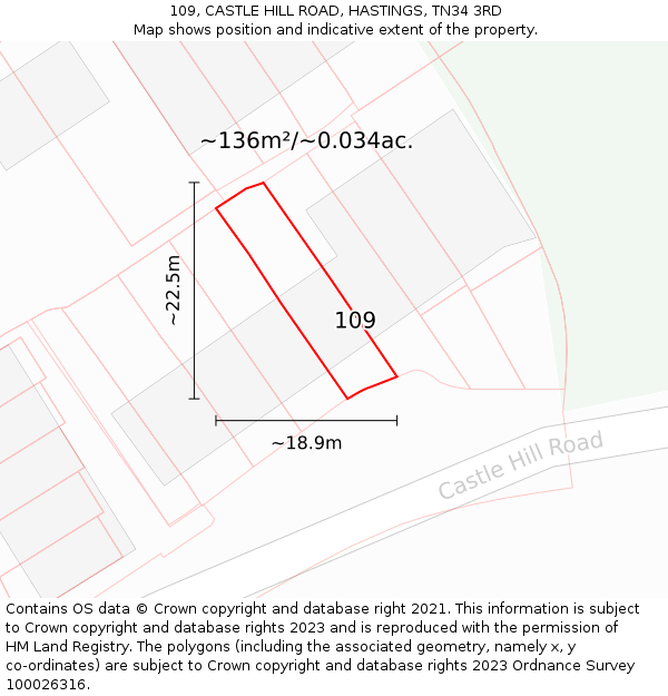 109, CASTLE HILL ROAD, HASTINGS, TN34 3RD: Plot and title map
